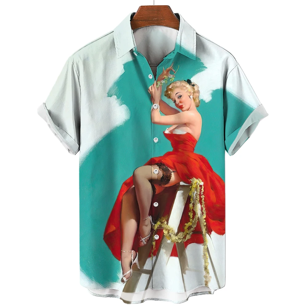 

Hawaiian Men's Shirt Red Dress Goddess Print Shirt For Men O-neck Button Short Sleeve Male Clothing Fashion Vintage Top T-shirt