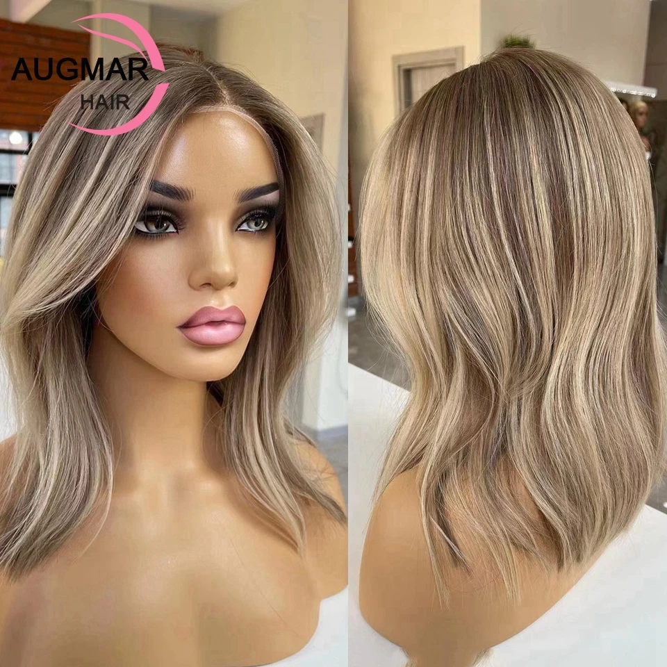 

Ash Blonde Highlight Wig Human Hair Brown Lace Front Wig Short Wavy 360 Lace Frontal Wig 13x4 HD Lace Wigs For Women Human Hair