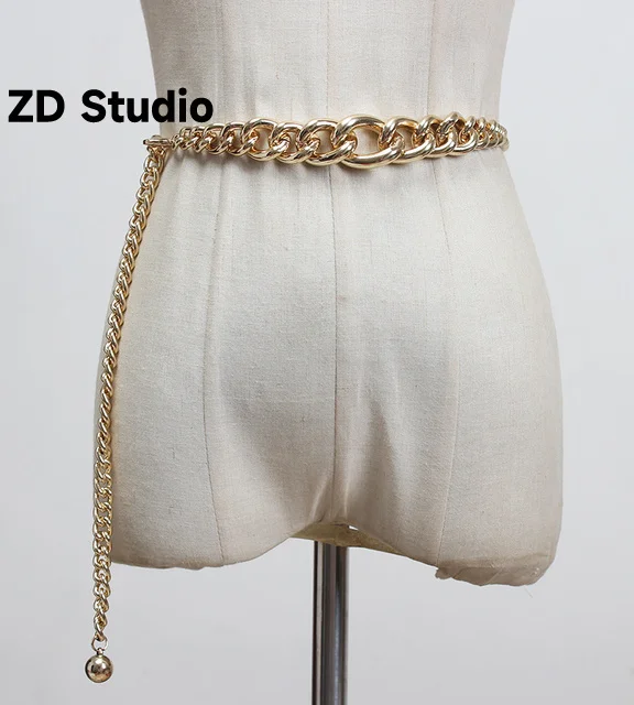 

[ZD Studio] Silver Color Metal Chains Stitch Irregular Long Belt Personality Women New Tide All-match Spring 2023