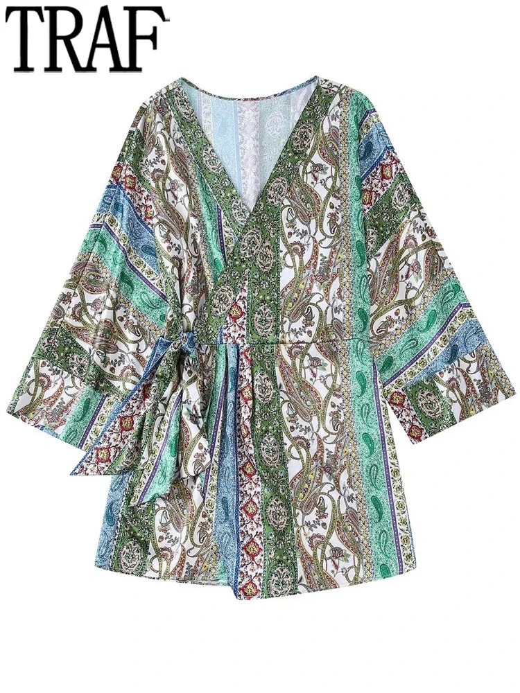 

TRAF Print Wrap Short Jumpsuit Woman Patchwork Women's Summer Playsuit Wide Sleeve Vintage Elegant Jumpsuits For Women Rompers