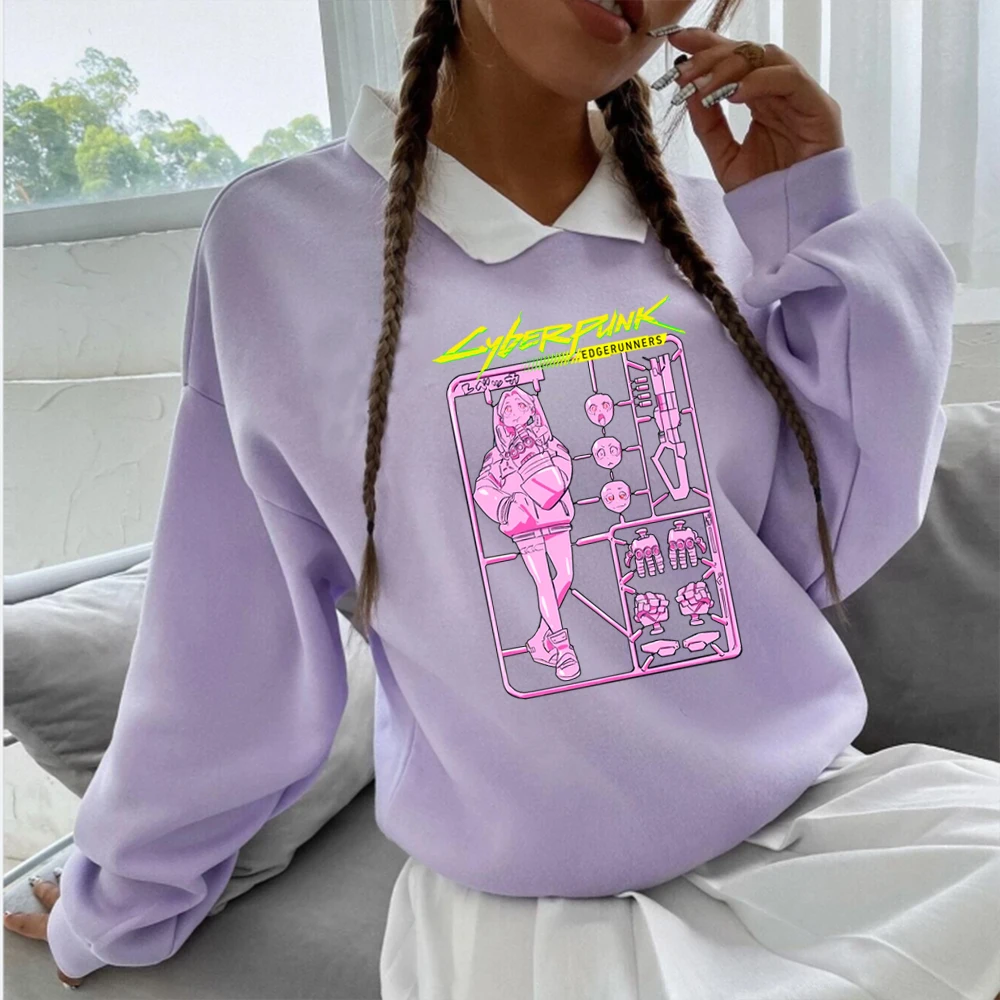 

Cyberpunk Edgerunners Luck Rebecca Printed Fake Two-Piece Hoodie Loose Polo Sweatshirt Woman