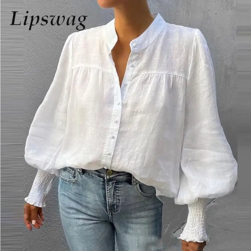 

Women Single-breasted Tops Blusas Commuting Elegant Lantern Sleeve Blouse Casual Fashion Solid White Stand Collar Shirt Blouses