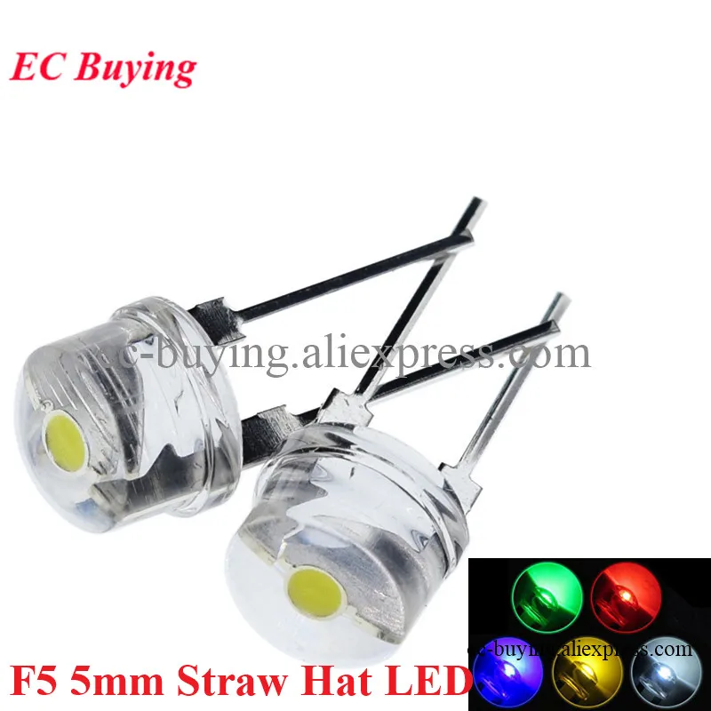 10pcs F5 5mm Straw Hat LED Diode Super Bright Lamp Clear Transparent 0.5W Light Emitting Diode Red Yellow Green Blue White Diy