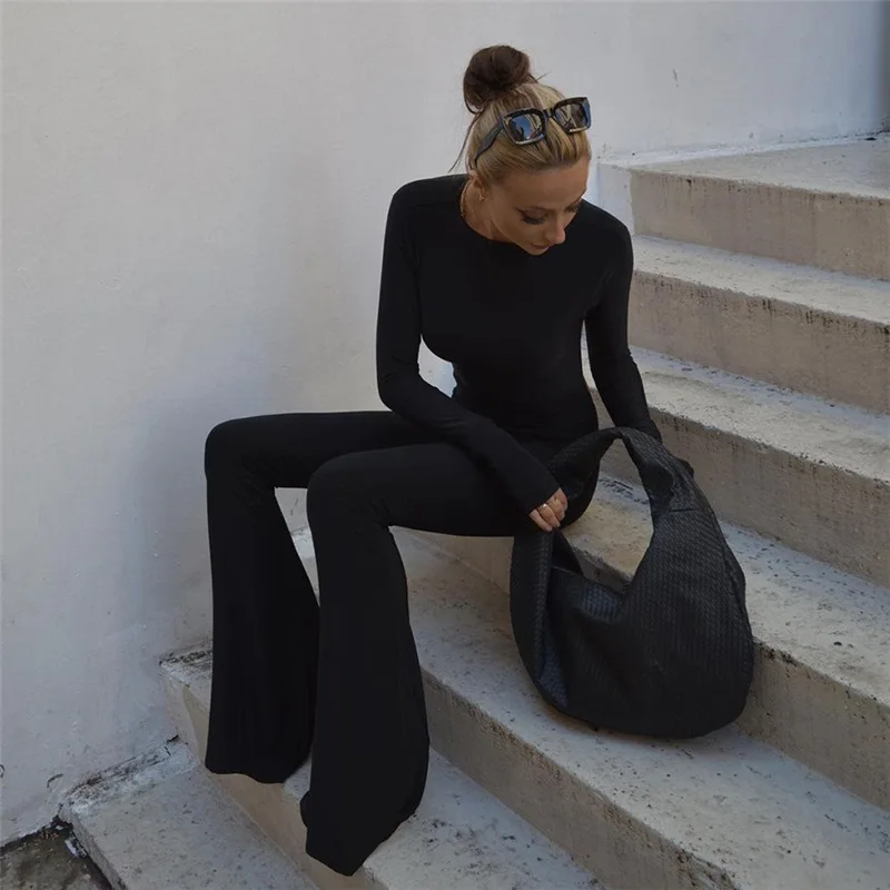 Summer Y2K Solid Black Basic Bodysuit For Women Fashion Long Sleeves Halter Backless Flare Pants Simple Casual Streetwear