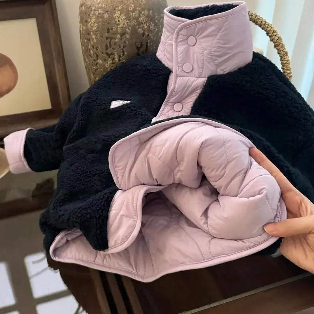 Детское двустороннее пальто на осень и зиму для девочек утепленная бархатная