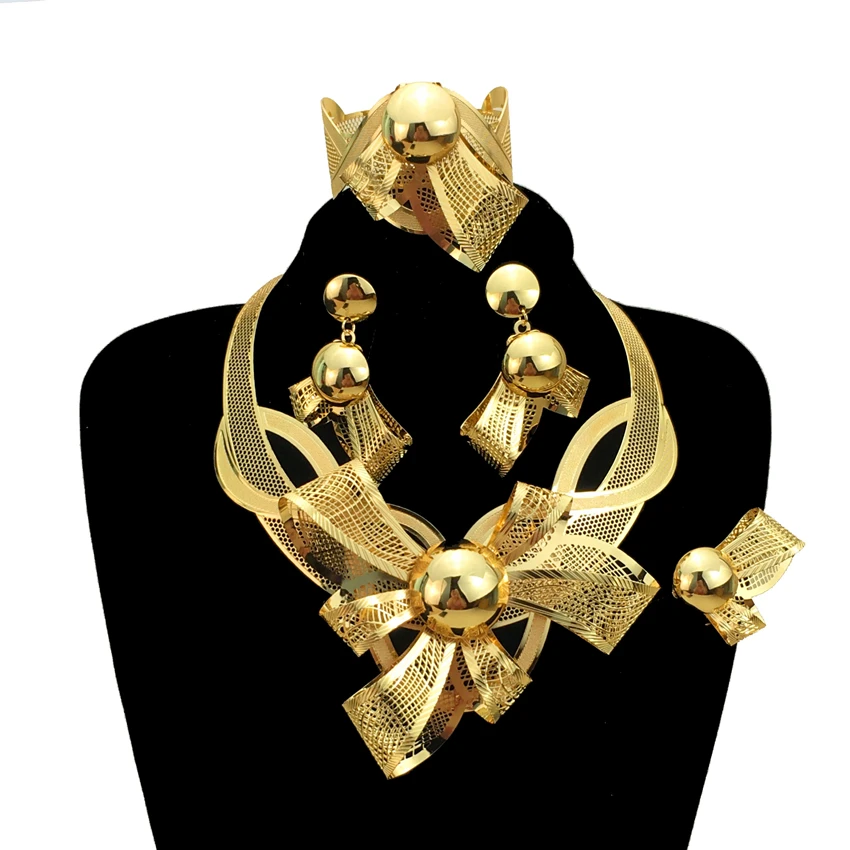 

Simple Fashion Jewelry Set Ladies Flower Bud 24K Large Necklace Bracelet Exquisite Earrings Bright Gold Jewelry FHK13304