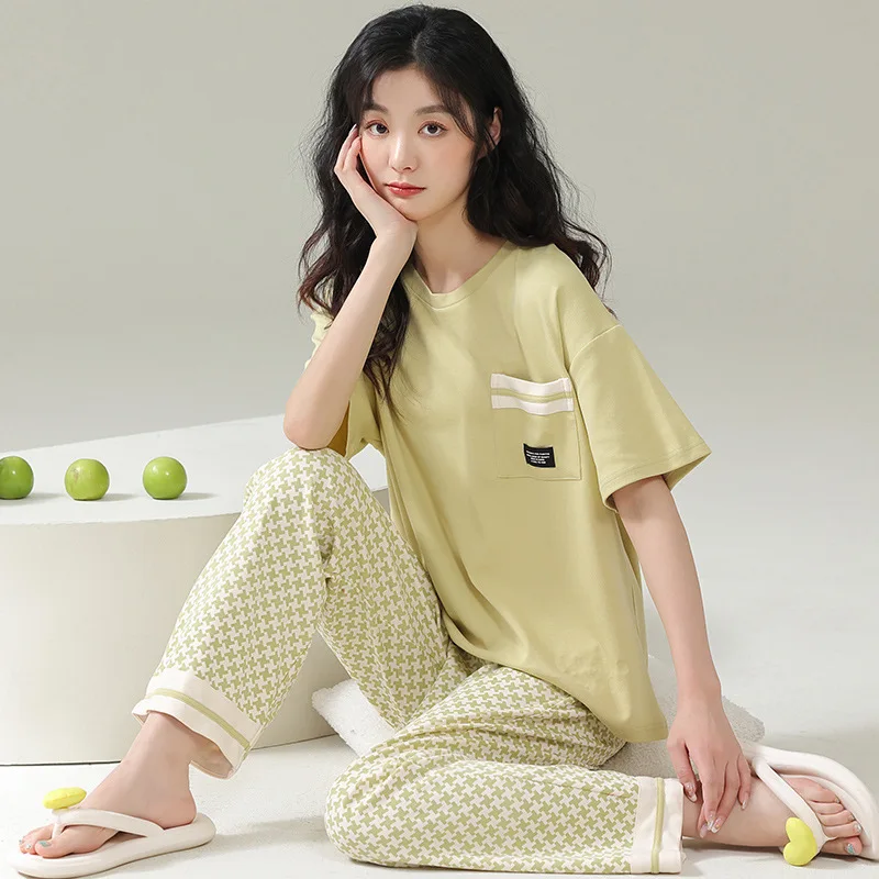 Summer pure cotton pajamas women's sweet temperament short-sleeved trousers two-piece home service suit comfortable loungewear