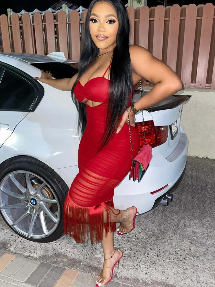 

Sexy Spaghetti Strap Sheer Mesh Tassel Bodycon Dresses for Women 2022 Sleeveless Hollow Ruched Dress Summer Nightclub Party Robe