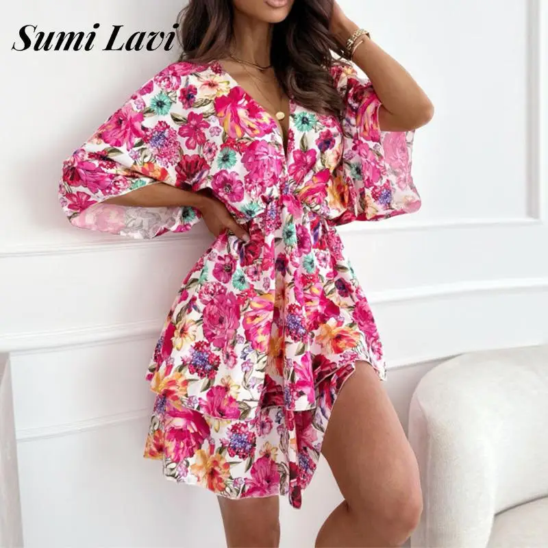 

Женское шифоновое платье с глубоким V-образным вырезом, коротким рукавом и цветочным принтом