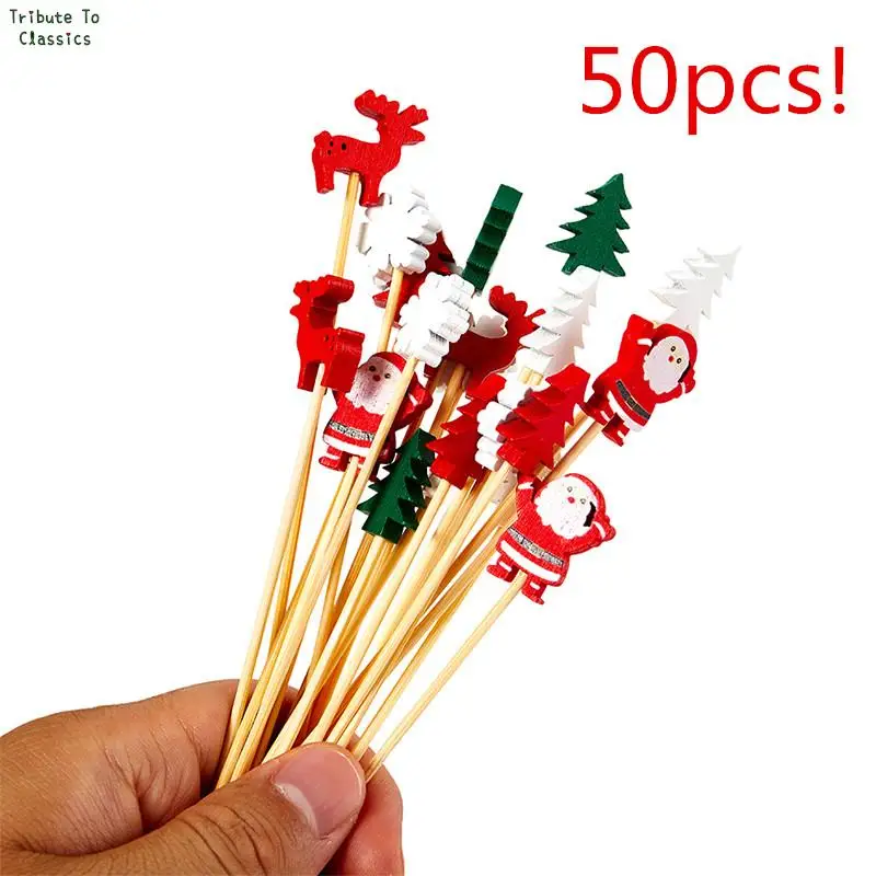 

50pcs Christmas Toothpicks Food Picks Dessert Buffet Fruit Salad Fork Cake Muffin Party Vegetable Sticks Cocktail Bamboo Sticks