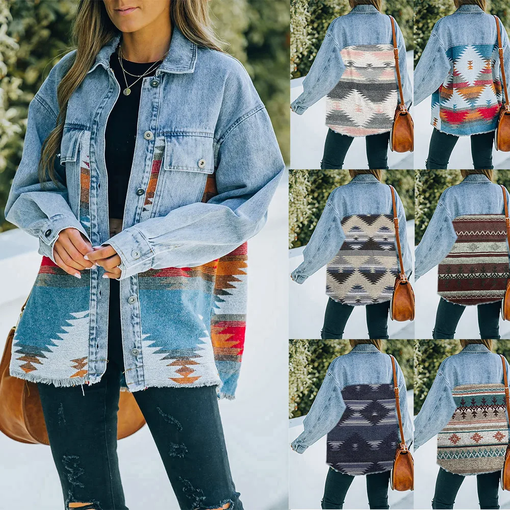 

European and American fall/winter ins new AZTEC lapel pocket denim stitching woolen coat female retro jacket