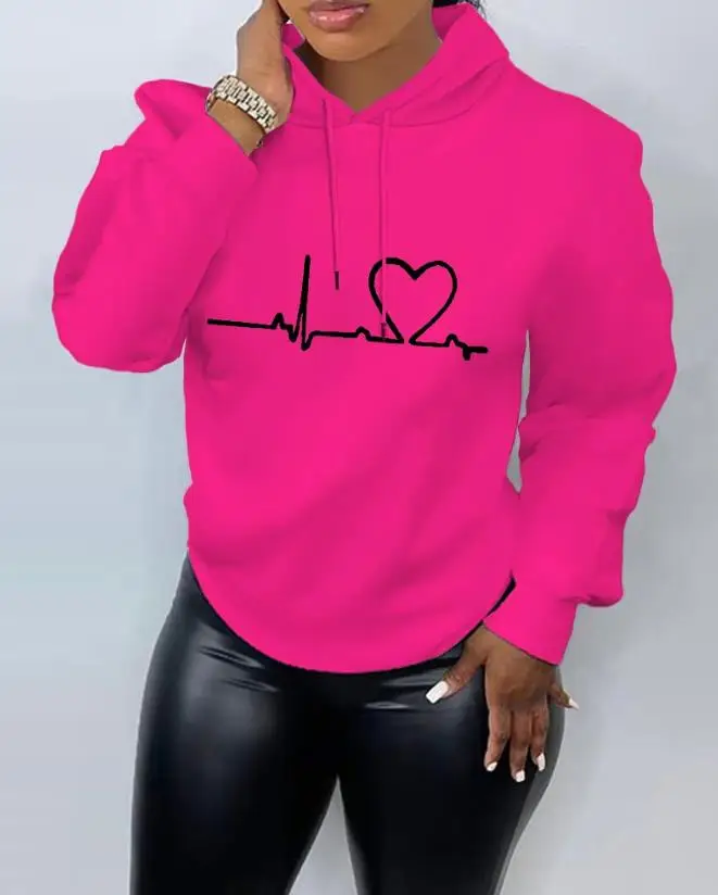 

Женский Осенний топ с капюшоном и принтом в виде сердца, Новая женская модная футболка, Женские Дизайнерские повседневные Пуловеры на завязках
