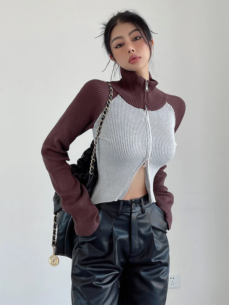 

American Thickened WOMENGAGA Short Half High Collar Patchwork Double Zipper Sweater Tops Knitting Base Slim Women RKO0