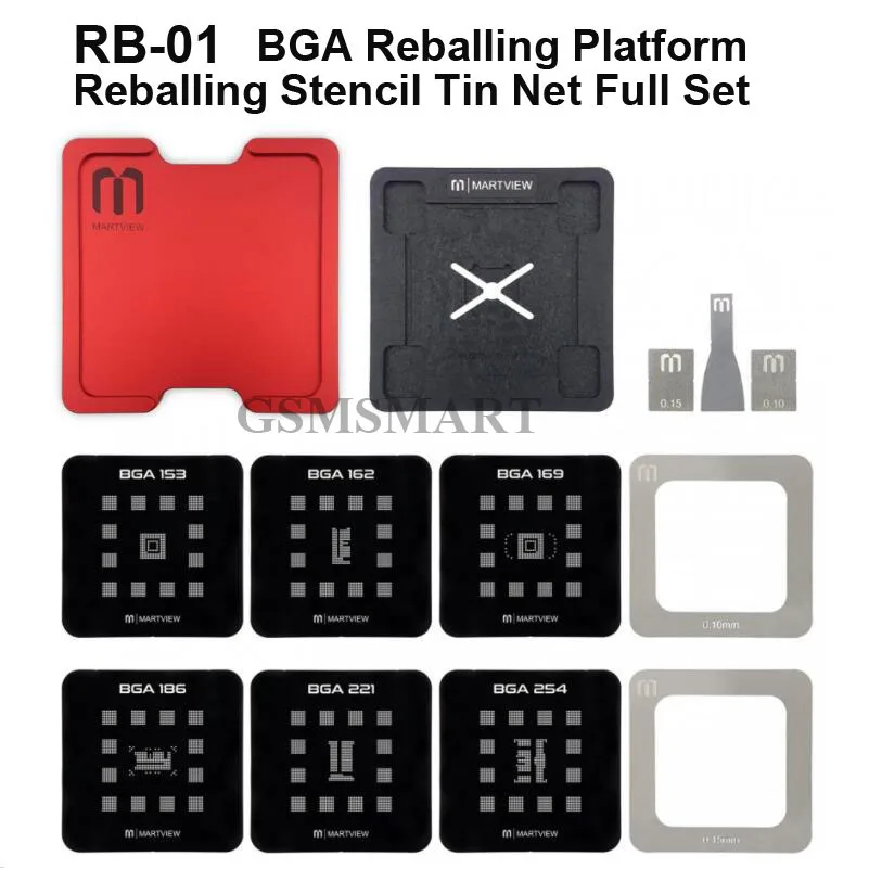Martview RB-01 Reballing Stencil Tin Net Full Set for EMMC/EMCP/UFS BGA153/162/169/186/221/254 With Fixed Plate and Holder |