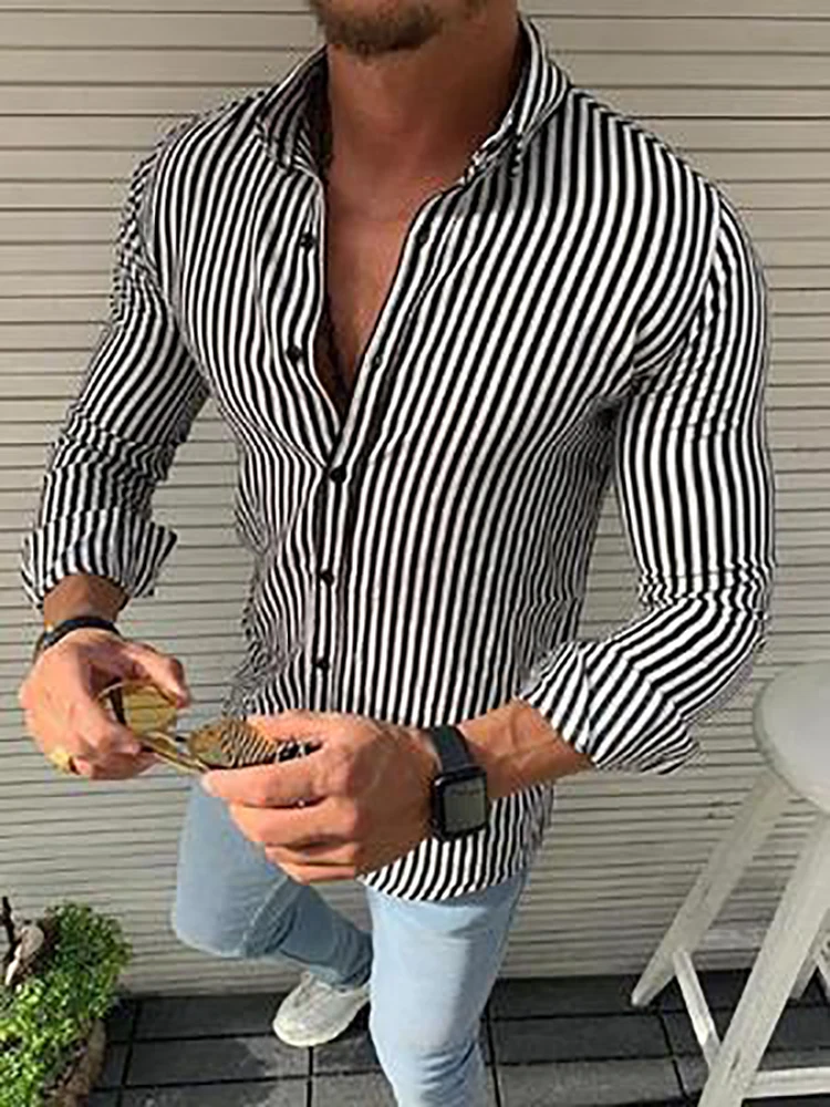 

2022 Spring Autumn Fashion Striped Printed Shirt For Men Turn-down Collar Button-up Cardigan Tops Casual Mens Long Sleeve Shirts