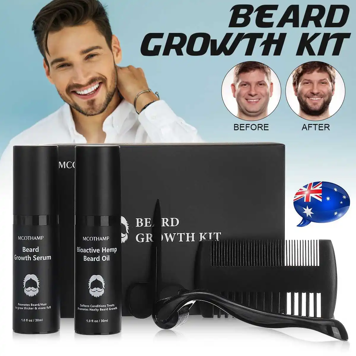 

5Pcs/set Men Beard Growth Kit Hair Enhancer Nourishing Enhancer Thicker Essential Facial Oil Beard Growth Roller