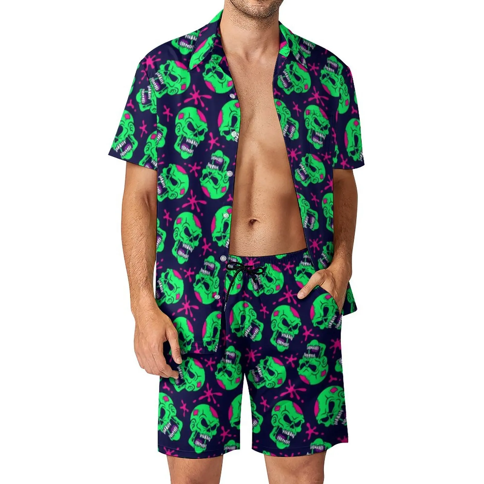 

Neon Zombie Skull Men Sets Abstract Print Casual Shorts Summer Retro Fitness Outdoor Shirt Set Short Sleeve Design Big Size Suit