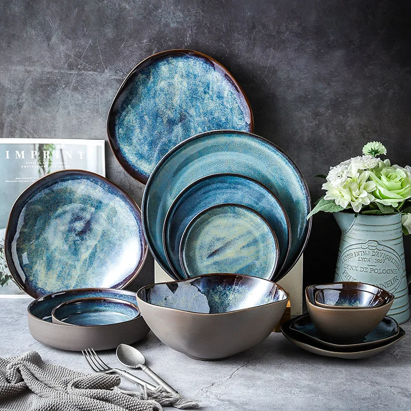

1PC Japanese Retro Kiln Glaze Ceramic Rice Soup Ramen Irregular Soup Steark Plate Household Tableware Set