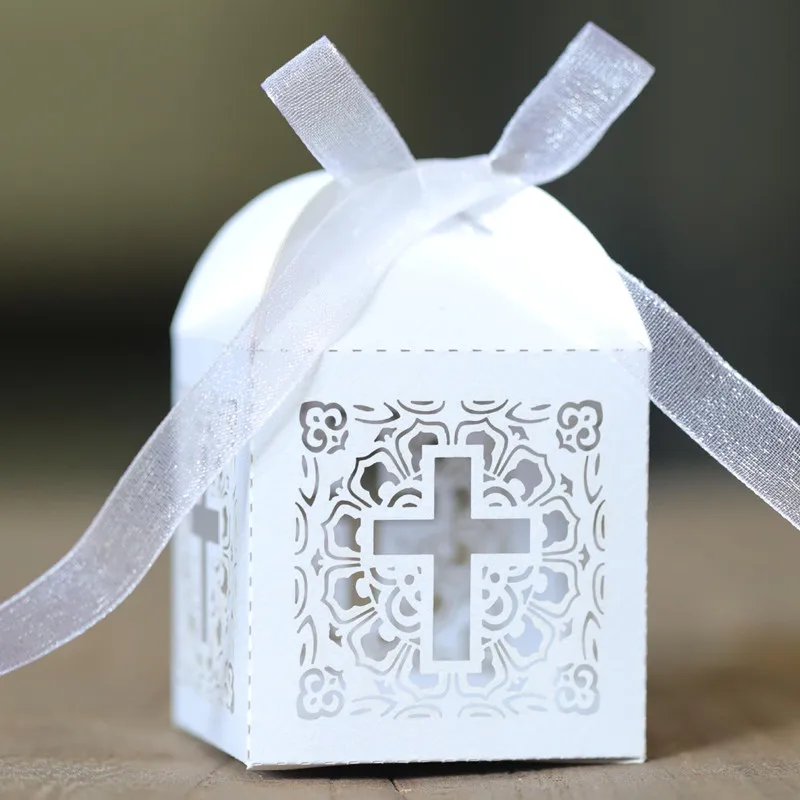 

100/50/10P Lace Cross Candy Box Easter Favor Gift Packaging Box with Ribbon Birthday Baptism Wedding Communion Christening Decor