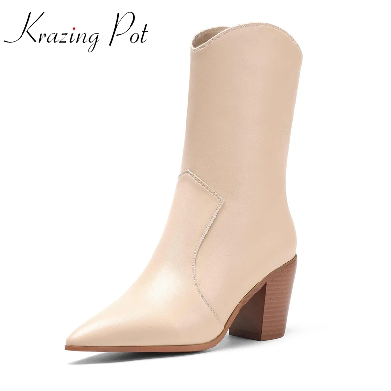 

Krazing Pot Big Size Genuine Leather Pointed Toe High Heel European Style Young Lady Daily Wear Mature Basic Mid-calf Boots L38