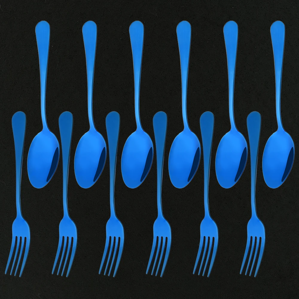 12Pcs Dinner Spoon Fork Stainless Steel Cake Fruit Spoon Fork Dessert Small Coffee Scoop Blue Dessert Tools for Snack Dinnerware