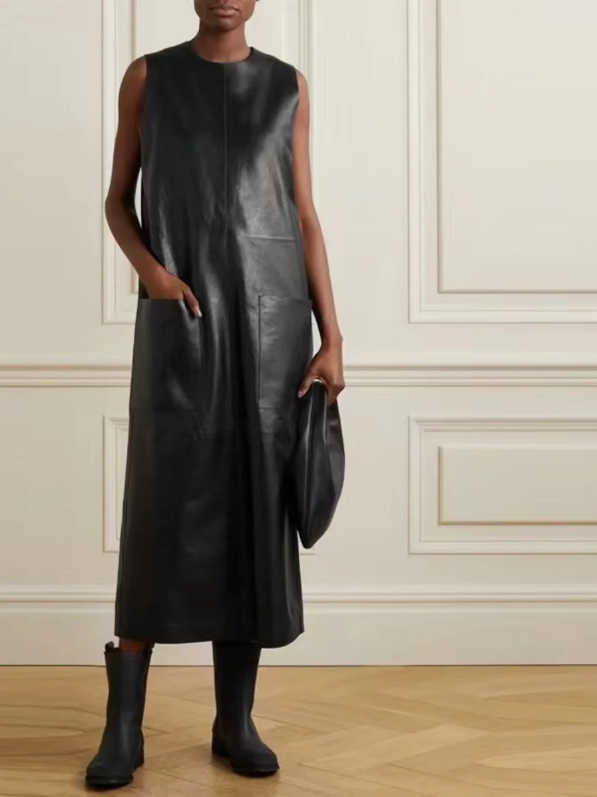 2023 New Women O-Neck Black Midi Vest Leather Dress Fashion Simple High Waist Sleeveless Long Tank Robes with Large Pockets