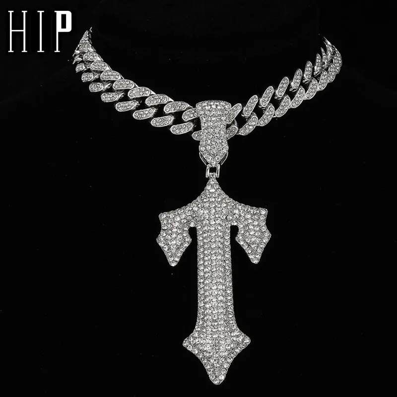 

Hip Hop Letter Iced Out Cross Sword Necklaces with 13mm Cuban Chain Rapper Pendant Necklace For Men Women Charm Jewelry