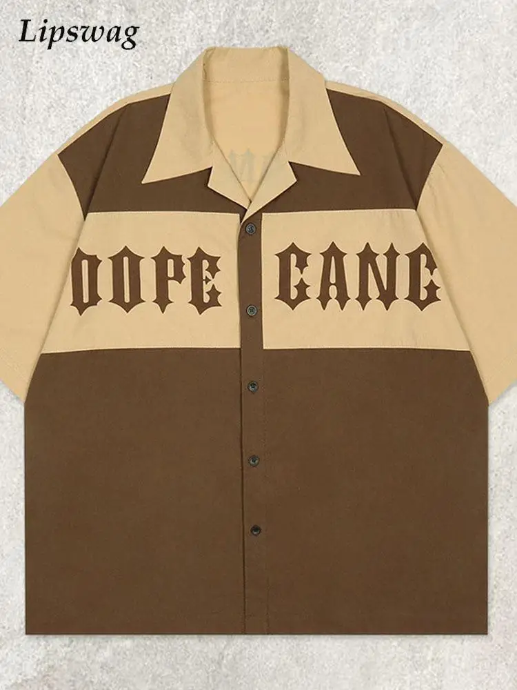 

2022 Summer Casual Loose Men Shirts Fashion Patchwork Letter Printed Loose Shirt For Mens Vintage Turn-down Collar Tops Cardigan