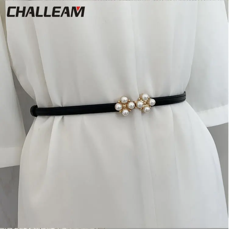 

Women's Belt PU Thin Belt Imitation Pearl Buckle Adjustable Matching Belt Dress Women's Belt Decoration Coat Accessories 157