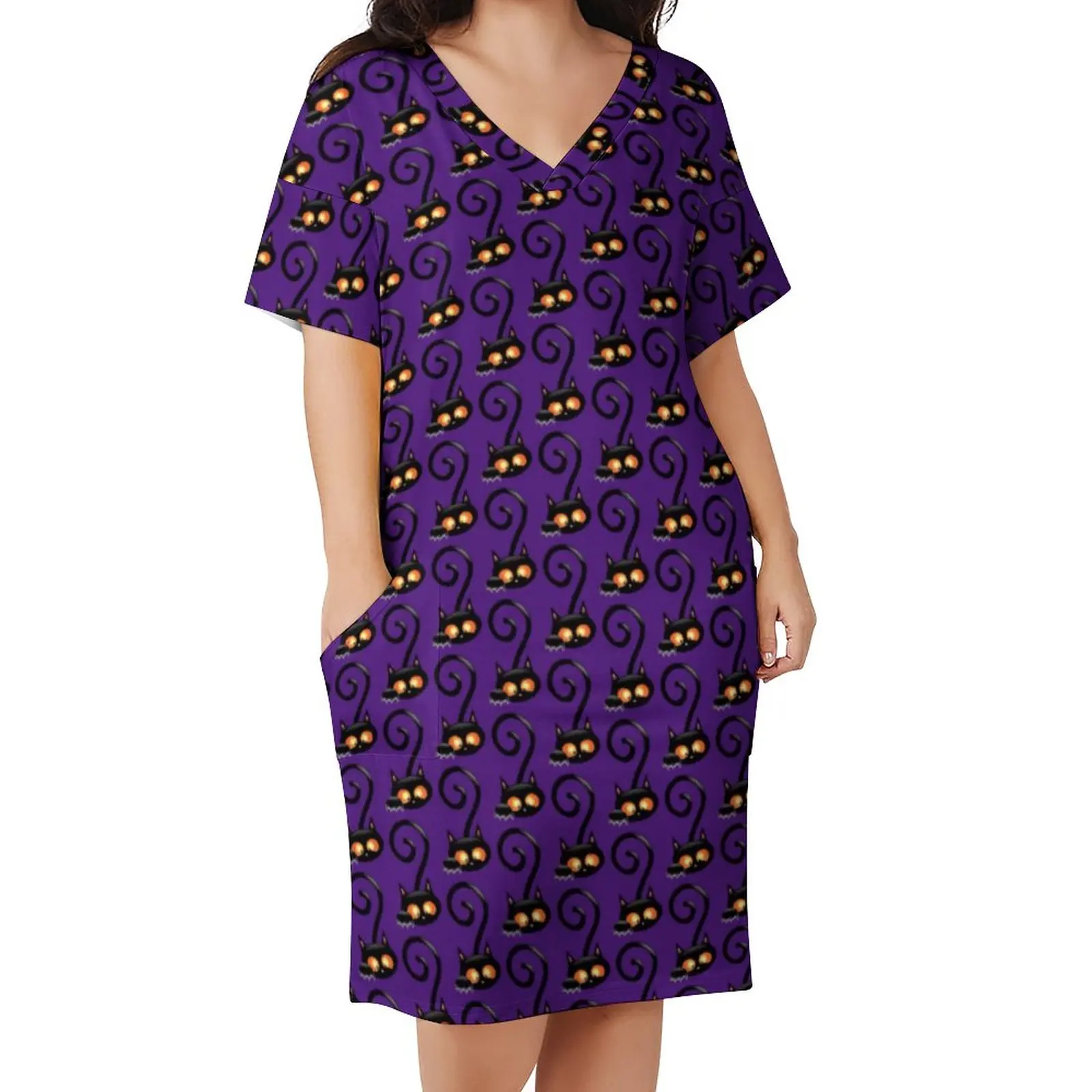 

Spooky Black Cat Dress Plus Size Happy Halloween Streetwear Casual Dress Women Summer V Neck Modern Dresses Gift Idea