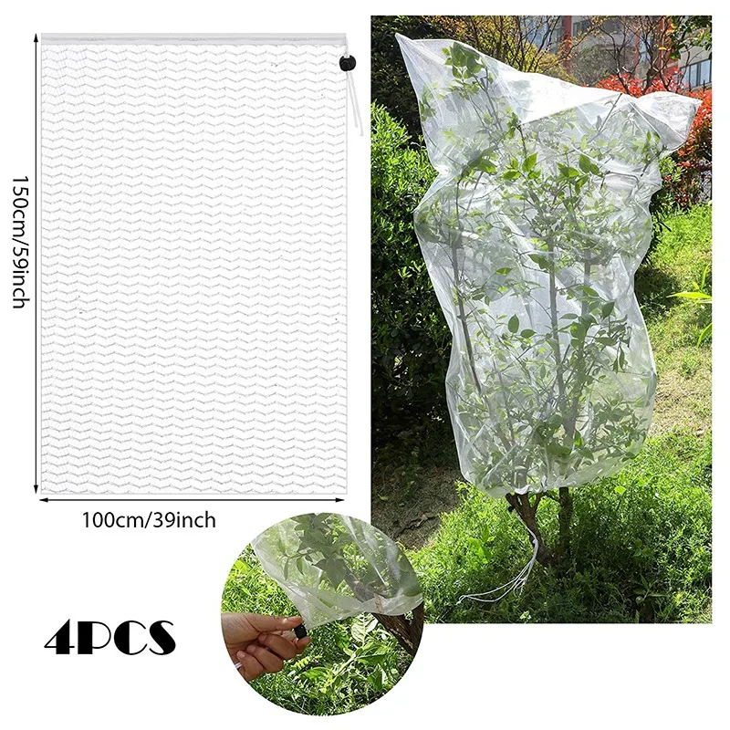 Сетка для защиты от птиц с рисунком и шнурком для растений, сумка для экрана садовых цветов на 4 штуки.