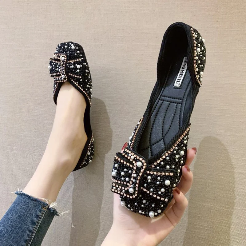 Мокасины женские с жемчугом модные туфли на плоской подошве удобная обувь без