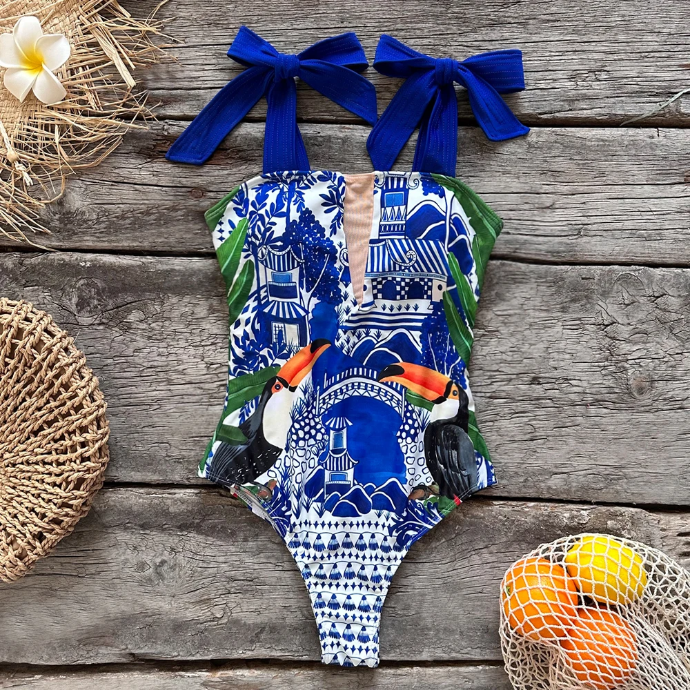 

2023 New Sexy One Piece Swimsuit Shoulder Strappy Swimsuit Print Floral Swimwear Women Backless Bathing Suit Beach Wear Monokini