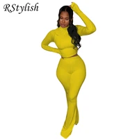 rstylish 2022 new arrivals womens two piece sets spring solid color long sleeve crop tops t shirt flared pants outfits