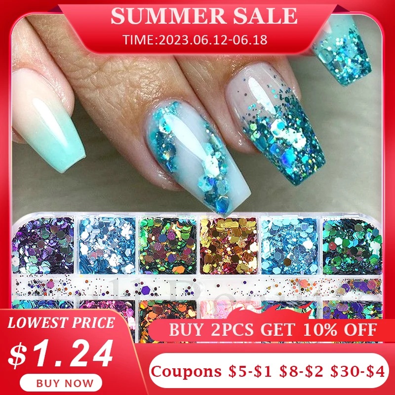 Mirror Iridescent Nail Art Sequins Holographic Mixed Hexagon Chunky Nail Glitter  Powder Flakes Sparkly Spangles Manicure LAGB