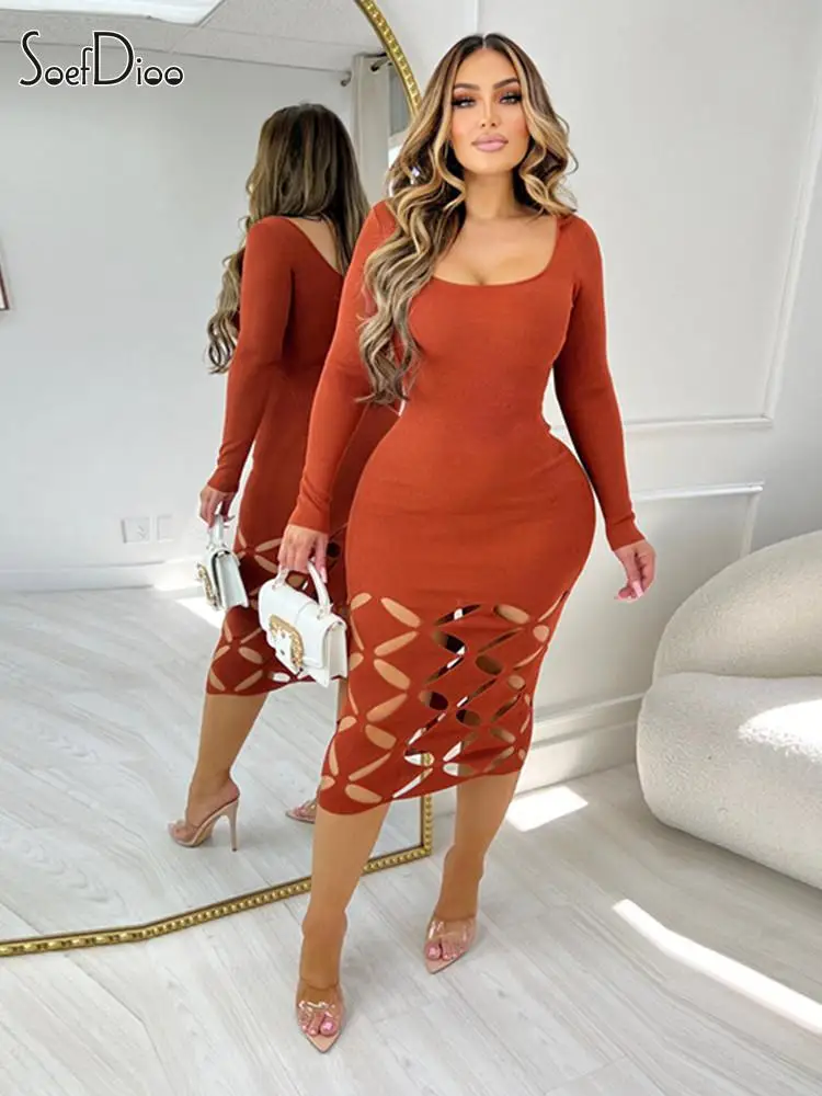 

Soefioo Fashion Long Sleeve O-Neck Knit Ribbed Cutout Prismatic Bodycon Midi Dress Women 2023 Autumn Sexy Party Dresses Vestidos