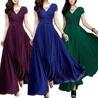 2022 bohemian women solid color short sleeve v neck tight waist maxi evening dress dresses for women bandage dresses