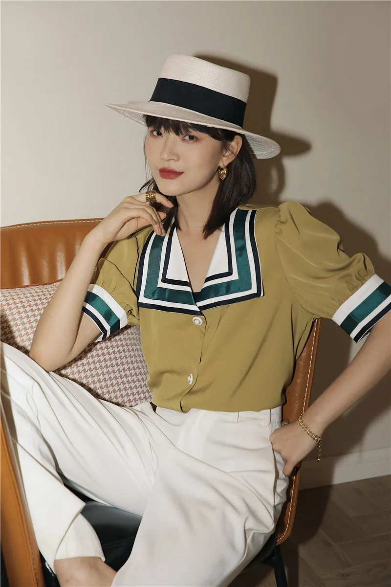

ZCSMLL Vintage Sailor Collar Puff Sleeve Blouse Women Yellow Summer Ladies Top Satin Short Sleeve Korean Blouse Clothing