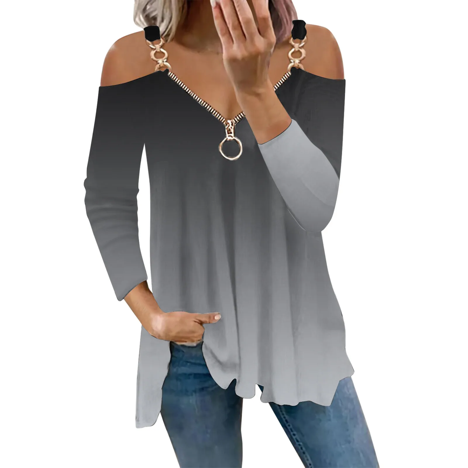 

Womens Gradient Print V Neck Strap Zipper Long Sleeve T Shirt Top