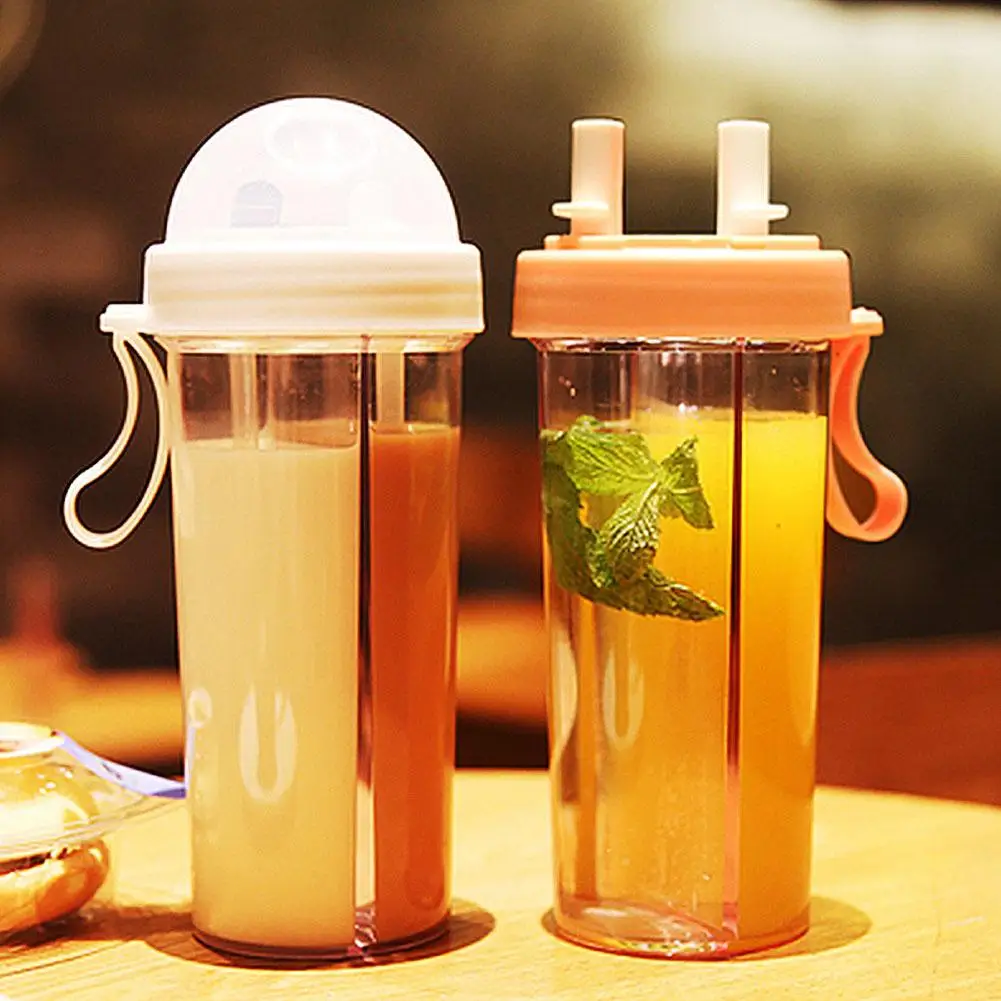 

420ml/600ml Outdoor Double Sippy Cups Large-Capacity Portable Double Straw Water Bottle Couple Drinking Tumbler Gift For Friend