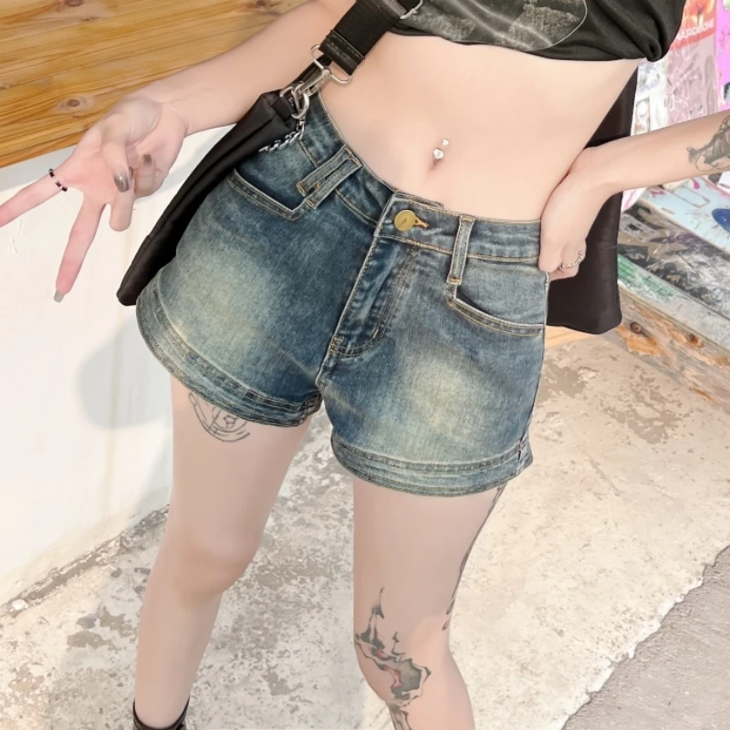 2023 Denim Shorts Women's Blue Commuter Free Shipping Summer New Spicy Girl Retro Made Old and Slim Fit Elastic Tight Wrap Hip