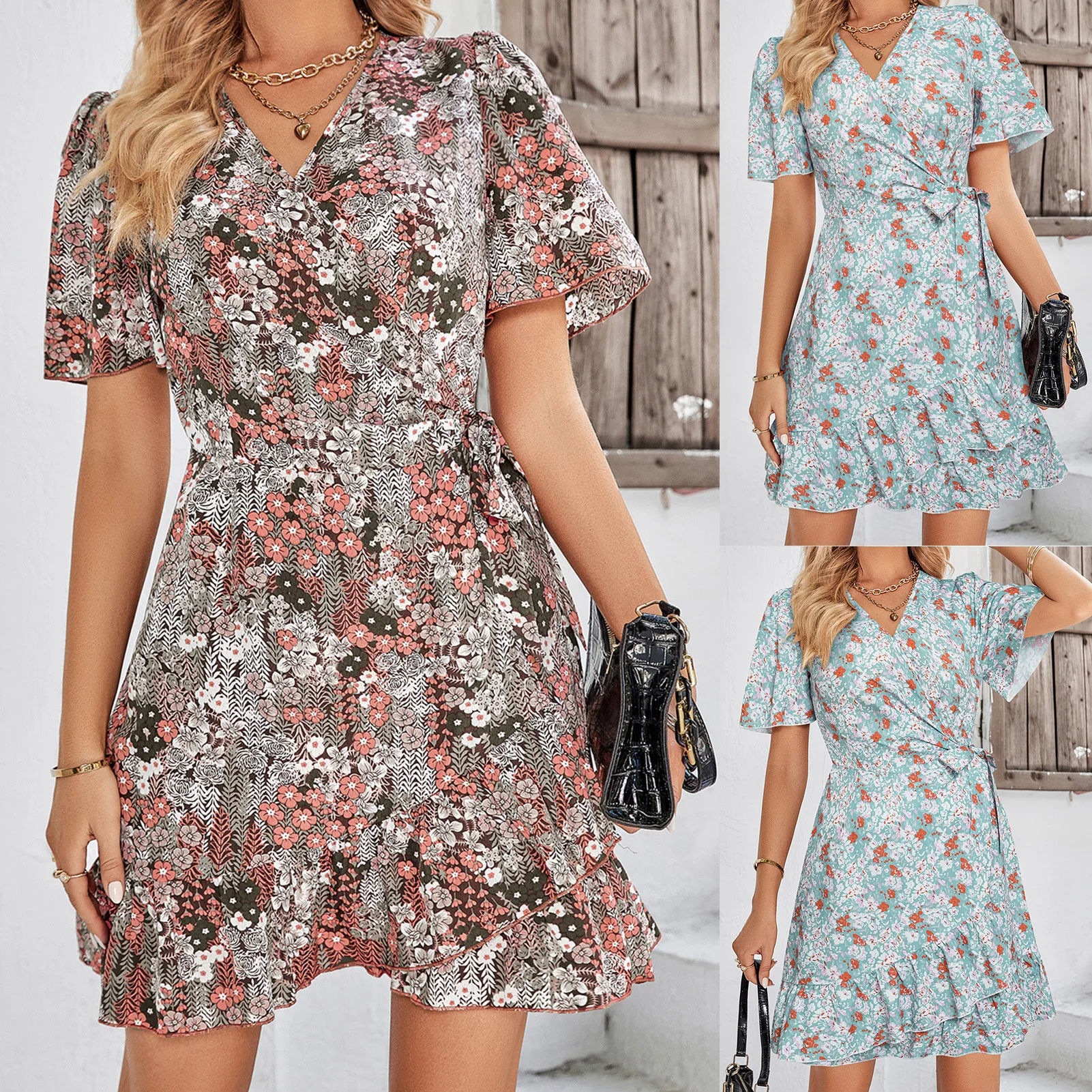 

Women Beach Mini Dress Ruffle Floral Print Mini Dresses Short Sleeve V-Neck Lace Up Chiffon Bohemian Fashionable A Line Dresses