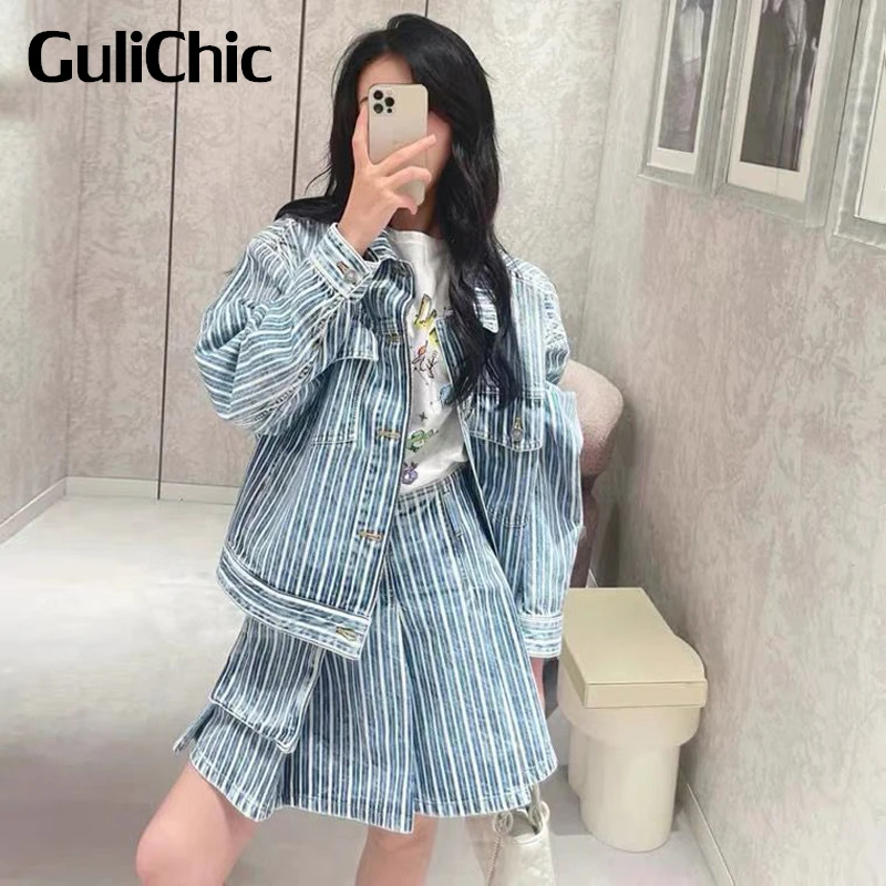 

7.26 GuliChic Women Vintage Vertical Stripe Pocket Long Sleeve Denim Jacket Or Pleated A-Line Skirt Casual Set