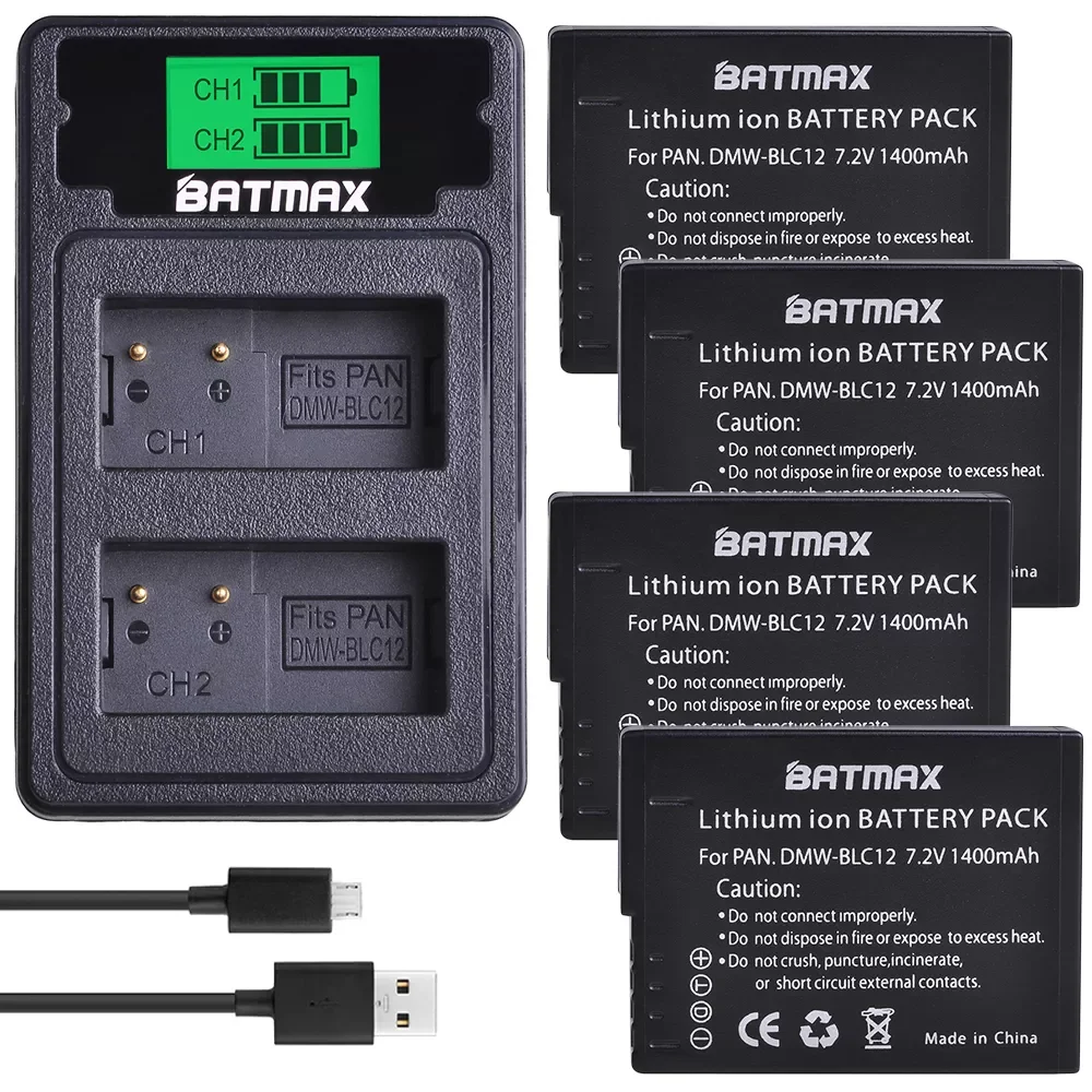 

4X DMW-BLC12 BLC12 DMW-BLC12E DMW-BLC12PP Battery + LCD Dual Charger for Panasonic Lumix DMC-G85,FZ200,FZ1000,G5,G6,G7,GH2,GX8