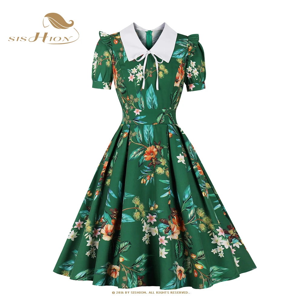 

SISHION 2022 Summer New Women Ruffles Short Sleeve Floral Printed Green Black 50s 60 Vintage Retro Dress VD3178