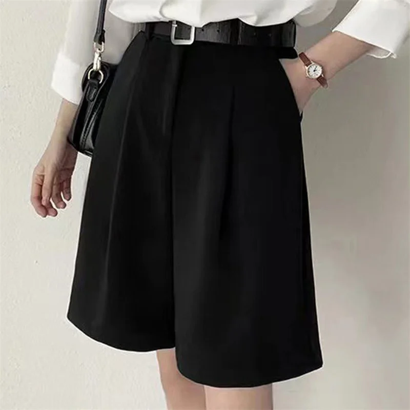 

Women's Casual Suit Pants Female 2022 New Summer Fashion Shorts High Waist Solid Color Suit Wide-legged Shorts With Pockets