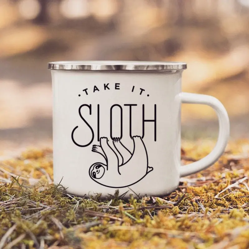 Take It Sloth Enamel Mug Illustrated Adventure Sole Camper Hiker Camping Walking Hiking Travel Cups Coffee Mugs Outdoor Festival