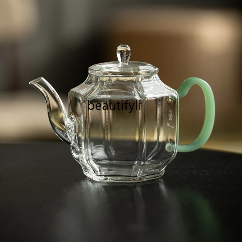 

yj Japanese-Style Jade Handle Glass Teapot Small Transparent Kung Fu Teapot Punch Filter Little Teapot 210ml