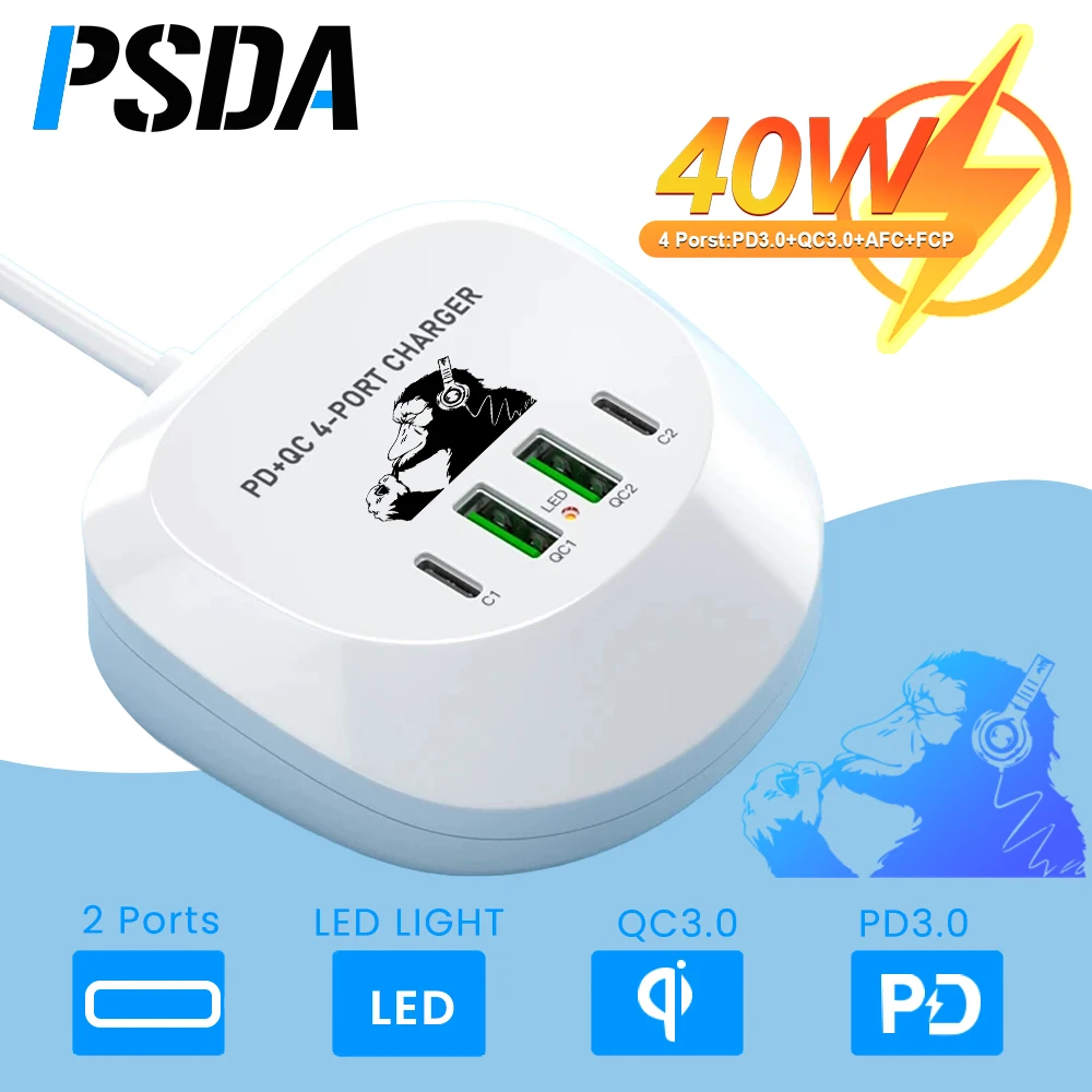 

PSDA 3D 40W 4 Ports USB Charger Quick Charge 3.0 Fast PD Charger Adapter Station QC3.0 Phone Charger for iPhone Huawei Samsung