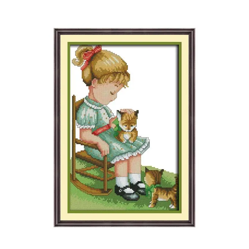 

Girl and cat cross stitch kit aida 14ct 11ct count print canvas hand sew cross-stitching embroidery DIY handmade needlework